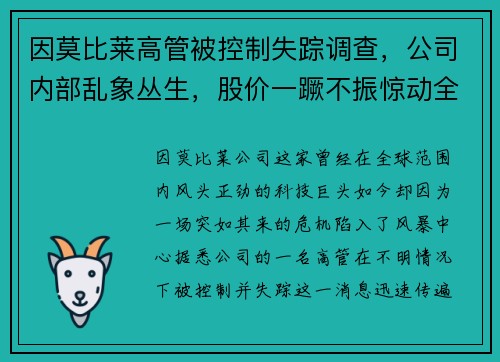 因莫比莱高管被控制失踪调查，公司内部乱象丛生，股价一蹶不振惊动全球股市！
