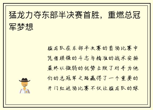 猛龙力夺东部半决赛首胜，重燃总冠军梦想